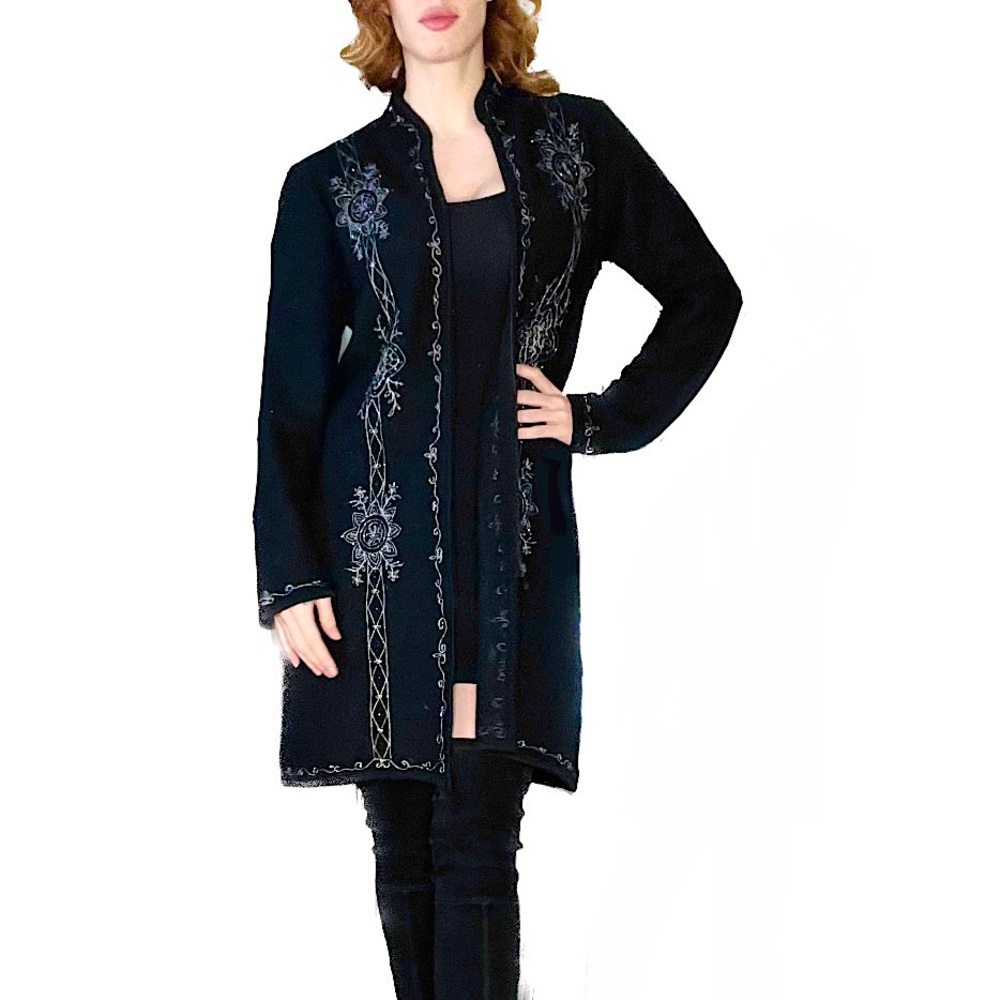 Boho Long Black Wool Embroidered Beaded Jacket S/M